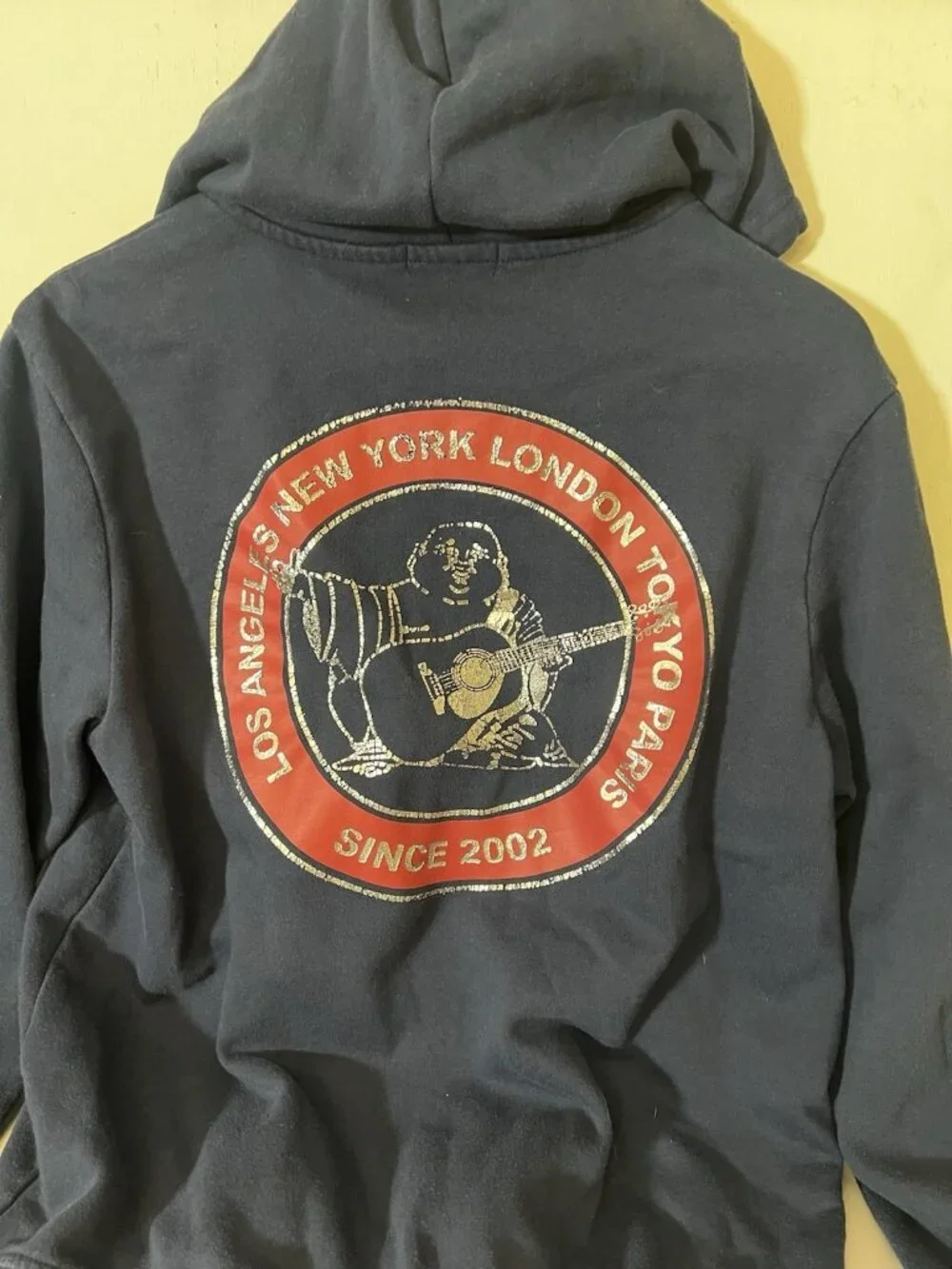 True Religion Hoodie Mens Medium Blue Navy Zip Up Buddha Horseshoe Logo.    Q